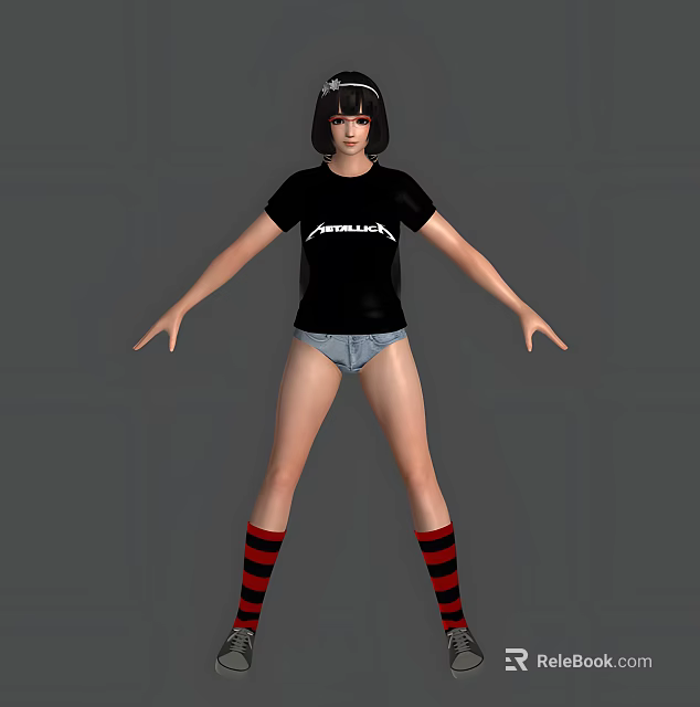 Woman in black RAMONES T shirt denim shorts red black striped socks standing arms outstretched 3d model 
