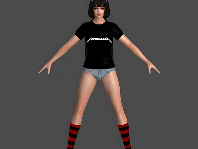 Woman in black RAMONES T shirt denim shorts red black striped socks standing arms outstretched 3d model