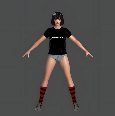 Woman in black RAMONES T shirt denim shorts red black striped socks standing arms outstretched 3d model