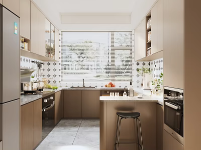 Modern Open Kitchen Interior With Island Counter Cabinets And Natural Light View 3d model