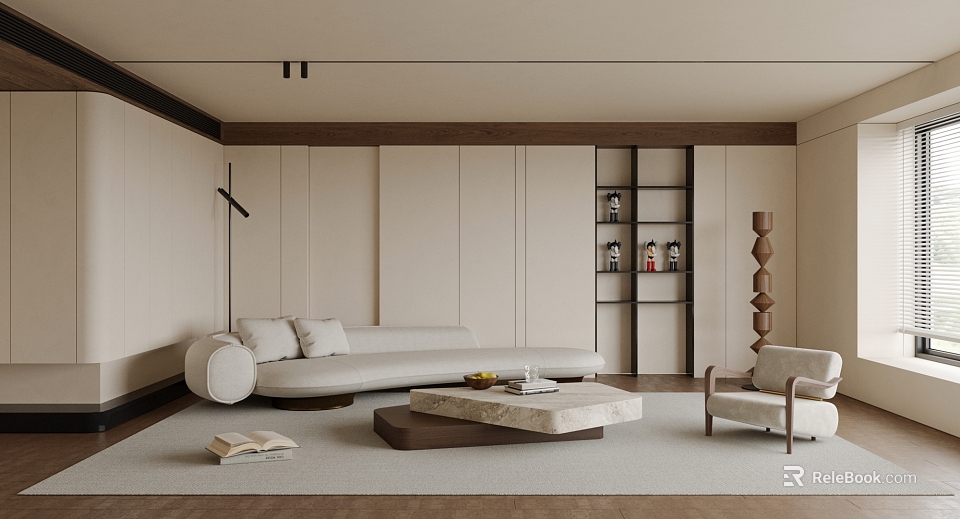 Minimalist Modern Living Room Interior Design With Round Beige Sofa Wooden Shelves And Coffee Table 3d model 