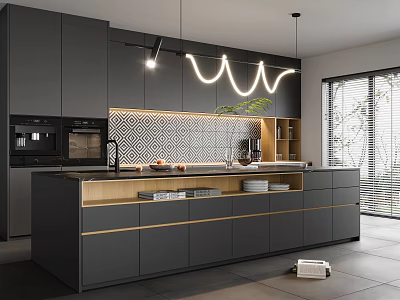 Modern Kitchen Interior With Gray Cabinets Island Counter Tile Backsplash And Pendant Lights 3d model