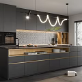 Modern Kitchen Interior With Gray Cabinets Island Counter Tile Backsplash And Pendant Lights