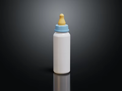 White Baby Bottle With Blue Cap And Yellow Nipple On Black Background 3d model