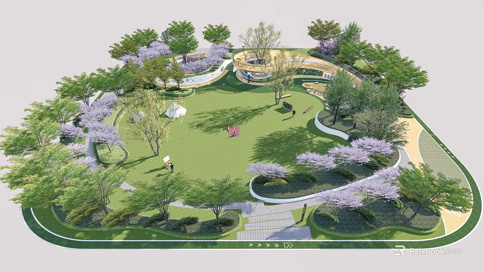 Scenic Park Landscape With Green Lawn Curved Paths And Flowering Trees 3d model 