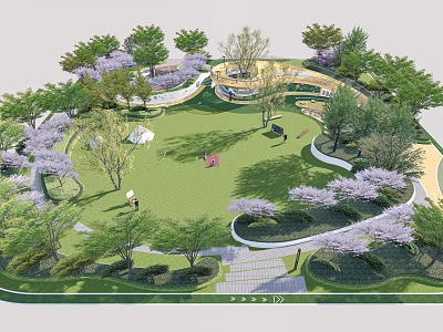 Scenic Park Landscape With Green Lawn Curved Paths And Flowering Trees 3d model