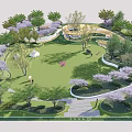 Scenic Park Landscape With Green Lawn Curved Paths And Flowering Trees