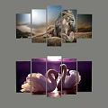 Lion and Swan Animal Paintings Five Panel Canvas Wall Art Decor