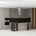 Modern Kitchen With Gray Cabinets Central Island Black Countertop And Range Hood