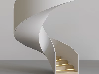Sleek Modern Spiral Staircase Design With White Curved Structure And Wooden Lit Steps 3d model