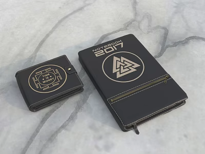 Black Leather Notebook with 2021 Notes Text White Logo and Small Accessory on Textured Surface 3d model