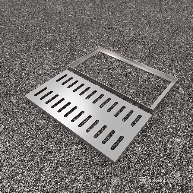 Stainless Steel Rectangular Grate With Slotted Openings On Gravel Surface 3d model 