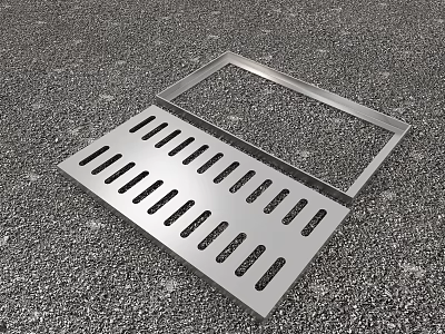 Stainless Steel Rectangular Grate With Slotted Openings On Gravel Surface 3d model