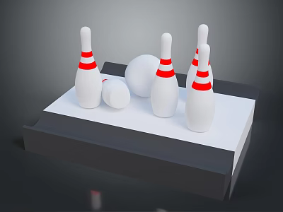 Bowling Pins And Ball Display On White Platform With Red Stripes 3d model