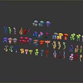 Colorful 3D Rendered Plants And Mushrooms With Various Shapes And Reflections On Black Background