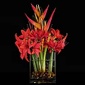 Decorative Ornament Set With Red Flowers In Transparent Glass Vase And Decorative Beads
