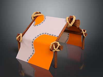 Cute Small Furniture With Wooden Pillars Orange White Fabric Ropes And Blue Decorative Patterns 3d model