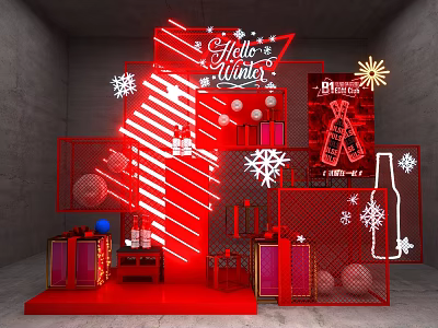 Red Themed Winter Decoration Display With Hello Winter Neon Sign Snowflake Ornaments And Gift Boxes 3d model