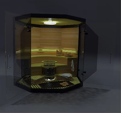Modern Sauna Interior Design With Wooden Seats Glass Door And Stove 3d model