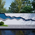 Scenic Feature Wall With Wavy Design Illuminated At Night Surrounded By Trees And Water