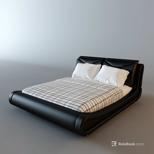 Modern Black Frame Double Bed With Plaid Bedspread And White Pillows 3d model 