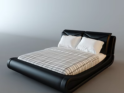 Modern Black Frame Double Bed With Plaid Bedspread And White Pillows 3d model