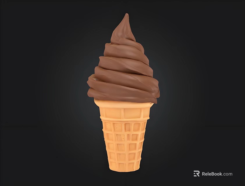 Delicious Chocolate Ice Cream Swirl In Waffle Cone On Black Background 3d model 