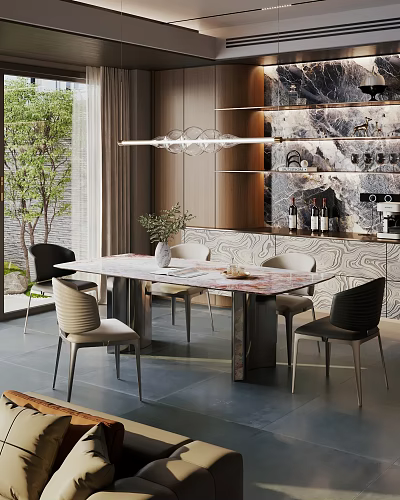 Modern Luxury Marble Top Dining Table Set With Stylish Chairs For Elegant Home Dining Room 3d model
