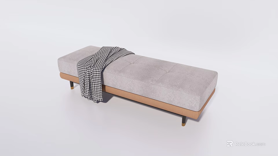 Light Gray Upholstered Sofa Bench With Tufted Design Brown Wooden Legs And Plaid Blanket 3d model 