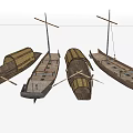 Traditional Wooden Boats With Masts And Canopies Floating On Calm Water With Reflections