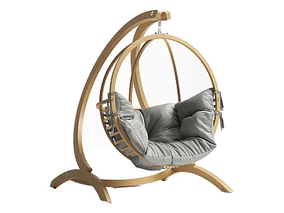Modern Wooden Frame Hanging Chair With Round Design And Gray Cushion 3d model