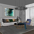 Modern Gray Sofa With Decorative Pillows And Gold Frame Black Coffee Table Set 3d model