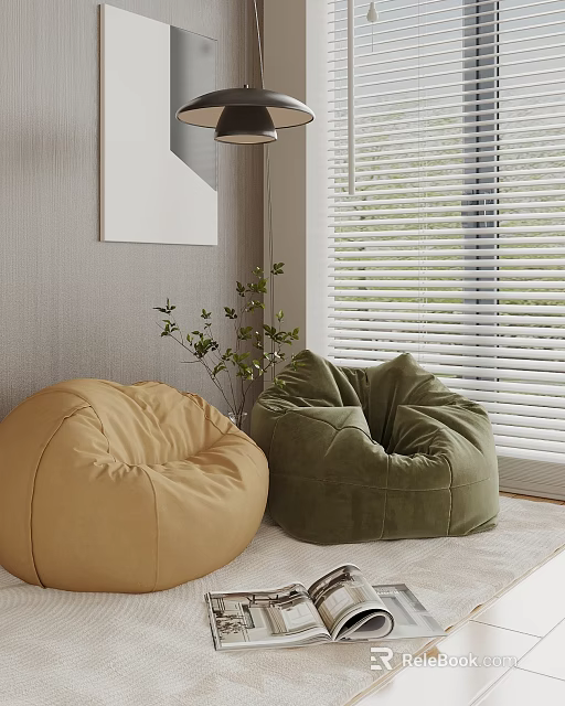 Brown and Green Velvet Bean Bag Chairs in Modern Interior with Blinds and Potted Plant 3d model 