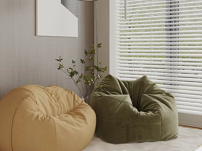 Brown and Green Velvet Bean Bag Chairs in Modern Interior with Blinds and Potted Plant 3d model