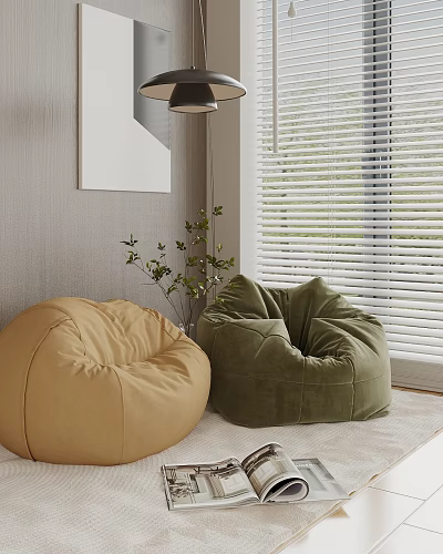 Brown and Green Velvet Bean Bag Chairs in Modern Interior with Blinds and Potted Plant 3d model