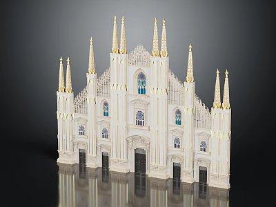 Gothic Cathedral Model With White Exterior Spires And Stained Glass Windows 3d model