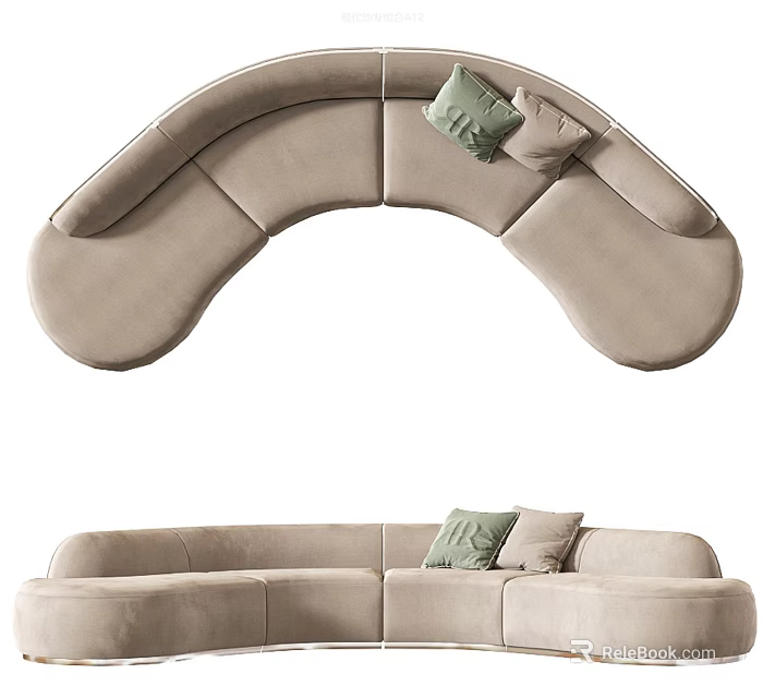 Curved Multi Seater Sectional Sofa in Beige Fabric with Green and Beige Cushions 3d model 