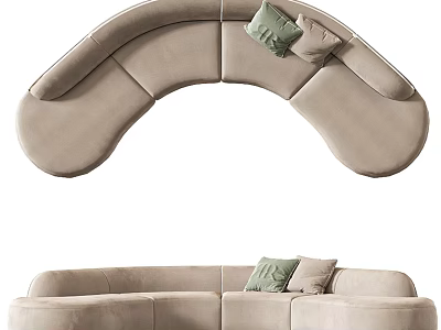 Curved Multi Seater Sectional Sofa in Beige Fabric with Green and Beige Cushions 3d model