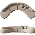 Curved Multi Seater Sectional Sofa in Beige Fabric with Green and Beige Cushions