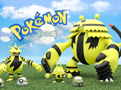 Colorful Pokémon Characters Standing on Green Grass With Poké Balls and Blue Sky 3d model
