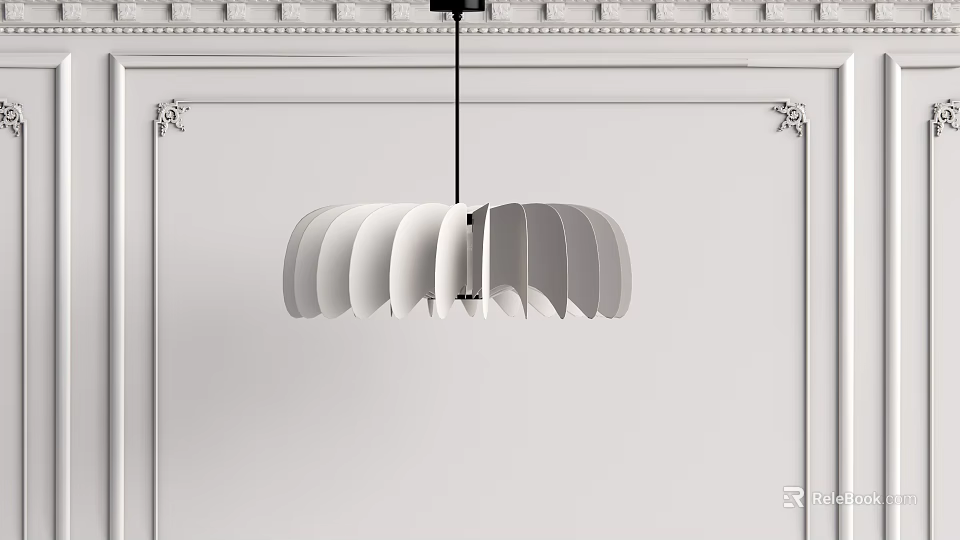 Scalloped Modern Chandelier Hanging Over White Wall With Decorative Crown Molding 3d model 