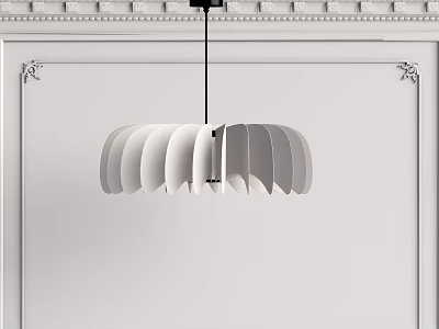 Scalloped Modern Chandelier Hanging Over White Wall With Decorative Crown Molding 3d model