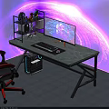 Modern Gaming Desk and Chair Combo with Curved Monitor Keyboard and Purple Cosmic Background