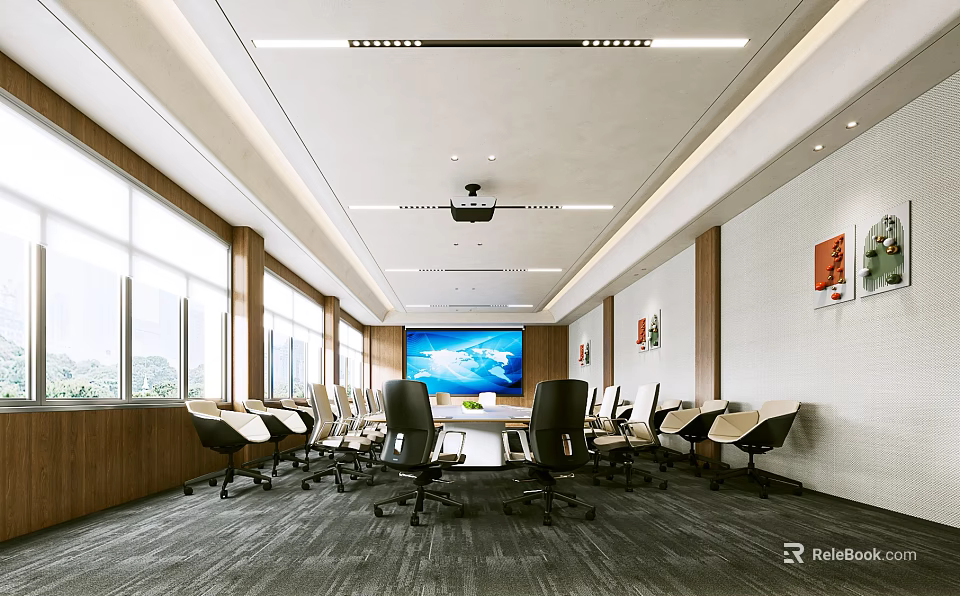 Modern Conference Room Interior With Long Table Comfortable Chairs Large Screen Windows And Lighting 3d model