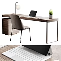 Modern Wooden Office Desk With Laptop Mouse Notebook Lamp Potted Plant And Grey Chair