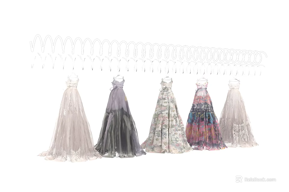 Fashionable Women Dresses Hanging On Racks With Various Styles And Colors 3d model 