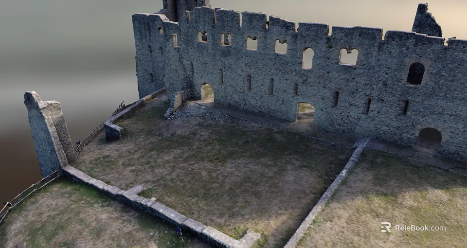 Ancient Building Ruins With Stone Walls Arched Windows And Grassland Surroundings 3d model 