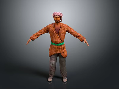 Man Wearing Pink Turban Orange Robe Green Belt And Worn Gray Pants 3d model