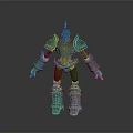Man Like Mechanical Robot With Blue Green Armor And Red Legs Standing
