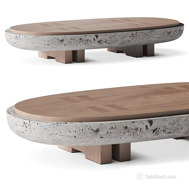 Modern Oval Coffee Table With Wooden Top And Concrete Base Design 3d model 